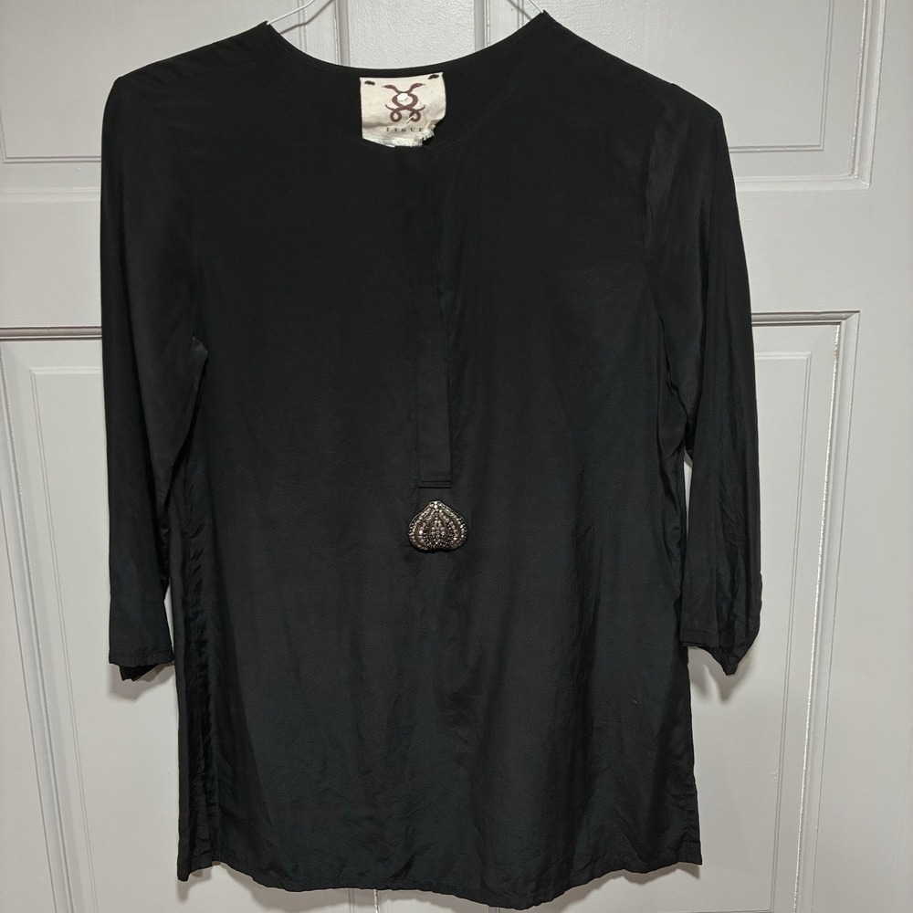 Figue Women Tunic Small Bohemian Silk Top Blouse Black 3/4 Sleeves Liightweight